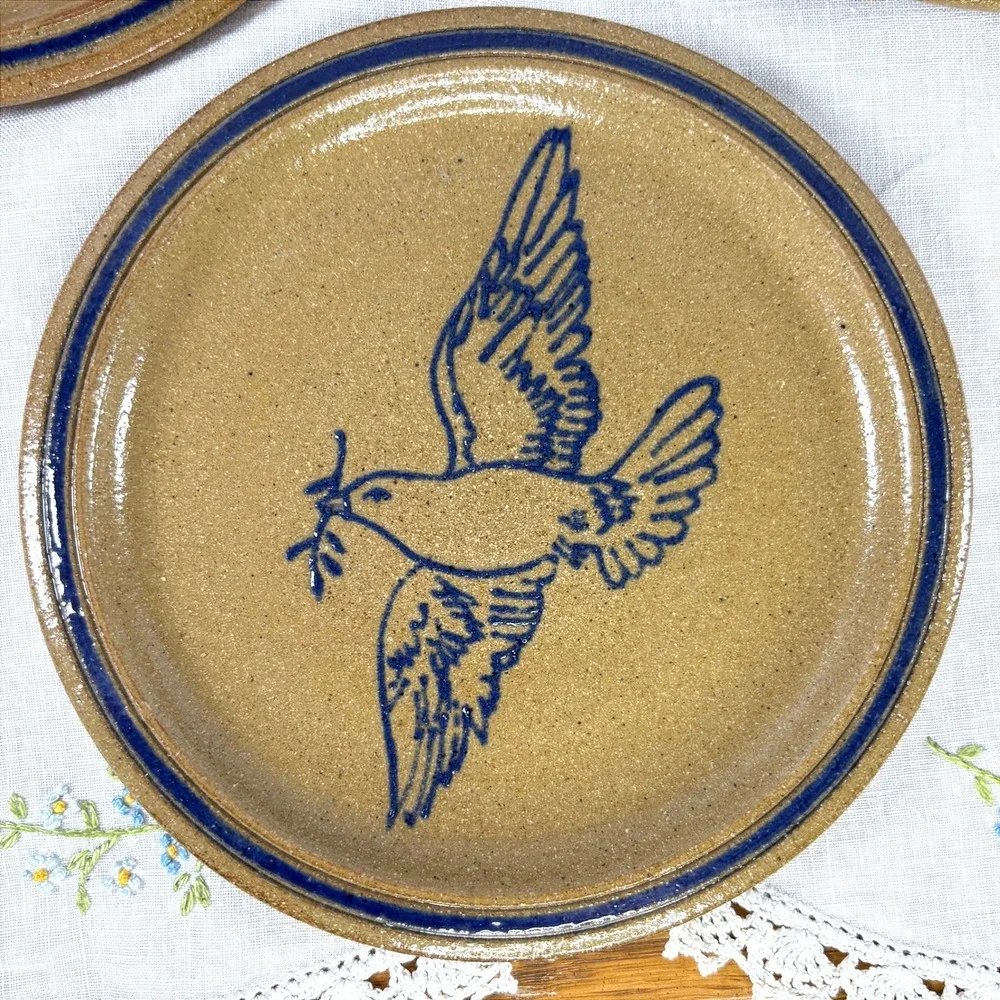 Vintage 1995 New Harmony Pottery Dove of Peace Stoneware Plates Set of 3 Signed
